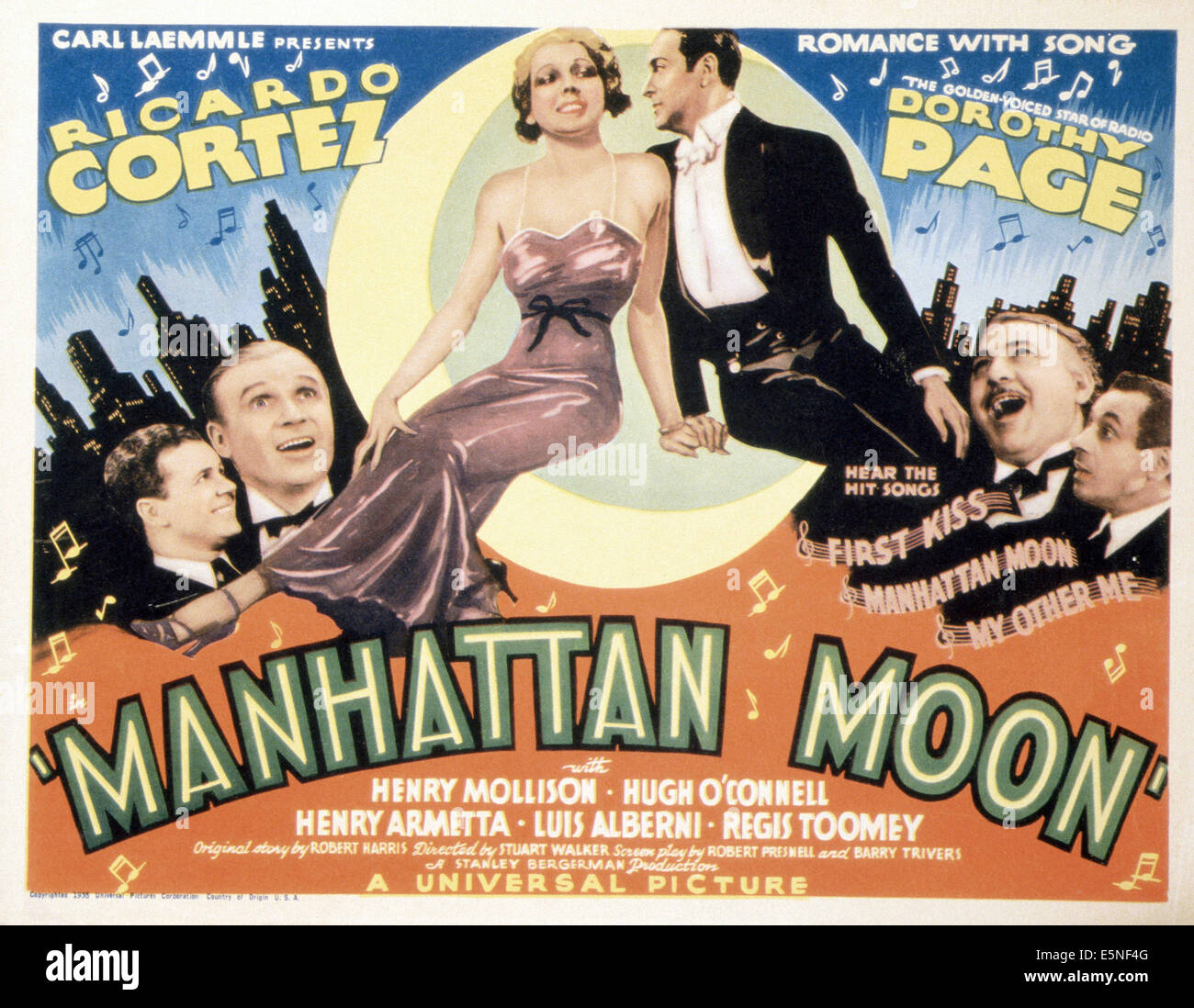 MANHATTAN MOON, from left: Regis Toomey, Hugh O'Connell, Dorothy Page, Ricardo Cortez, Henrey Armetta, Luis Alberni, 1935 Stock Photo
