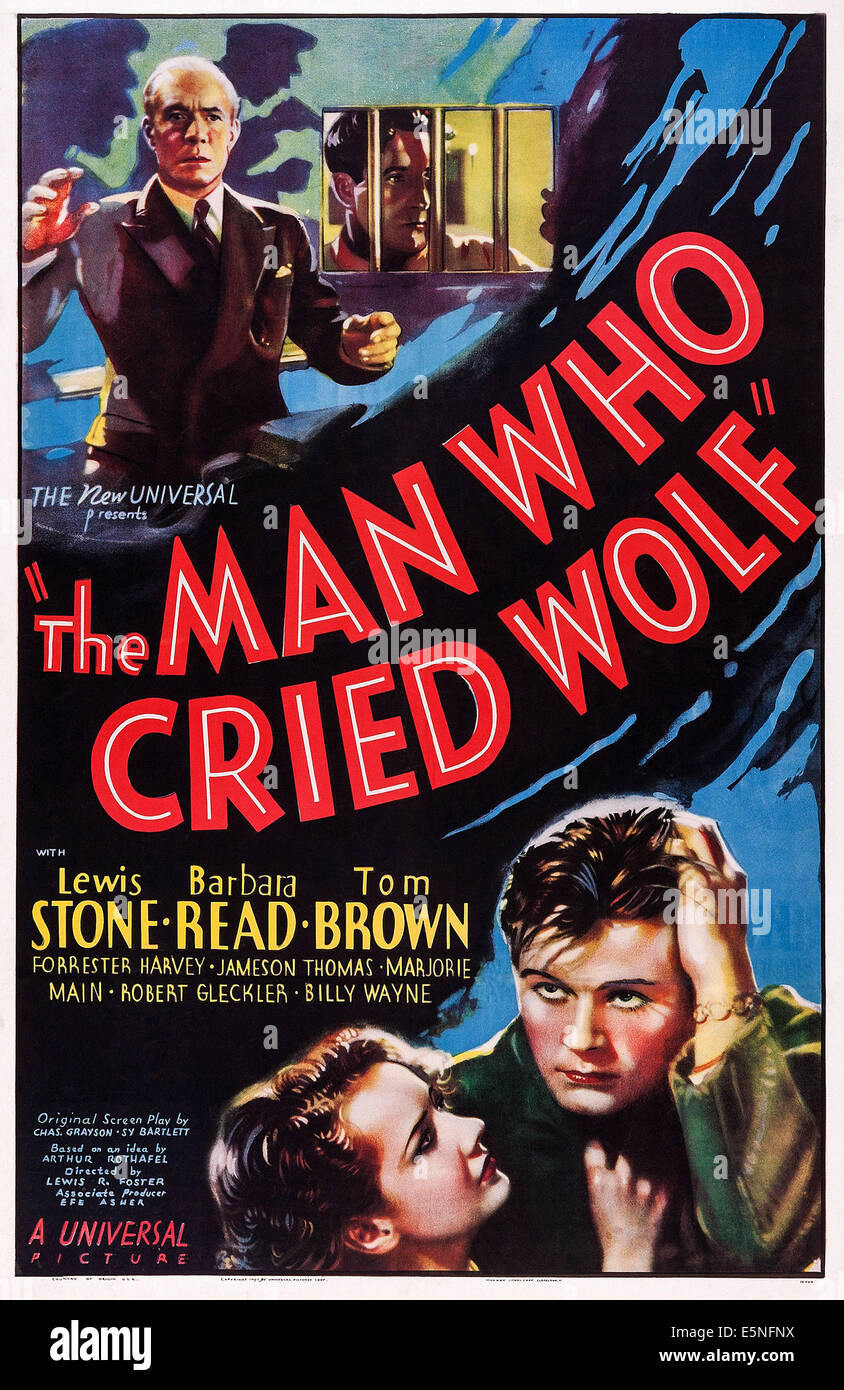 THE MAN WHO CRIED WOLF, US poster, Lewis Stone, Barbara Read, Tom Brown, 1937 Stock Photo