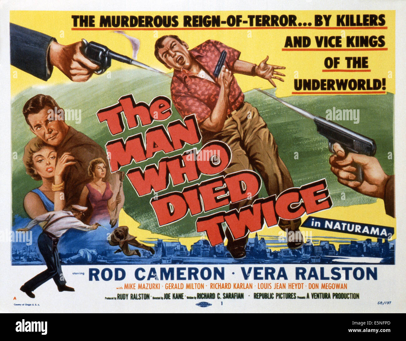 THE MAN WHO DIED TWICE, left: Rod Cameron, Vera Ralston, 1958 Stock Photo