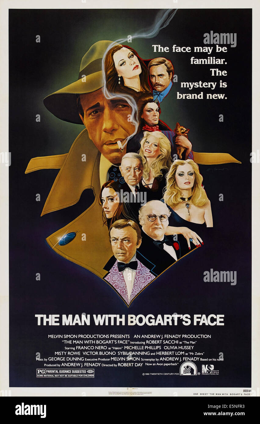 THE MAN WITH BOGART'S FACE, (aka SAM MARLOWE, PRIVATE EYE), U.S. poster, from top: Robert Sacchi, Michelle Phillips, Franco Stock Photo