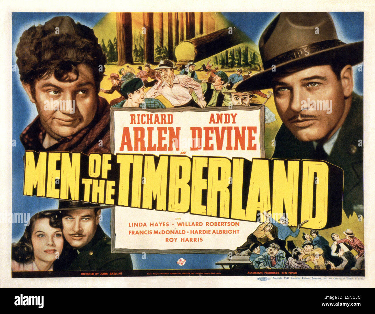 MEN OF THE TIMBERLAND, US lobbycard, Andy Devine (top left), Linda Hayes (bottom left) Richard Arlen (top right), 1941 Stock Photo
