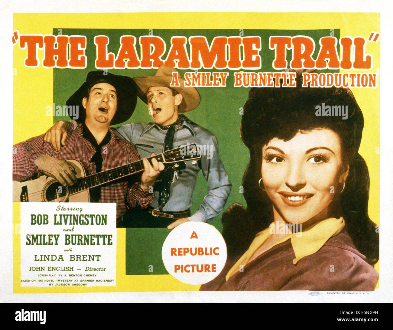 THE LARAMIE TRAIL, from left: Smiley Burnette, Robert Livingston, Linda Brent, 1944 Stock Photo