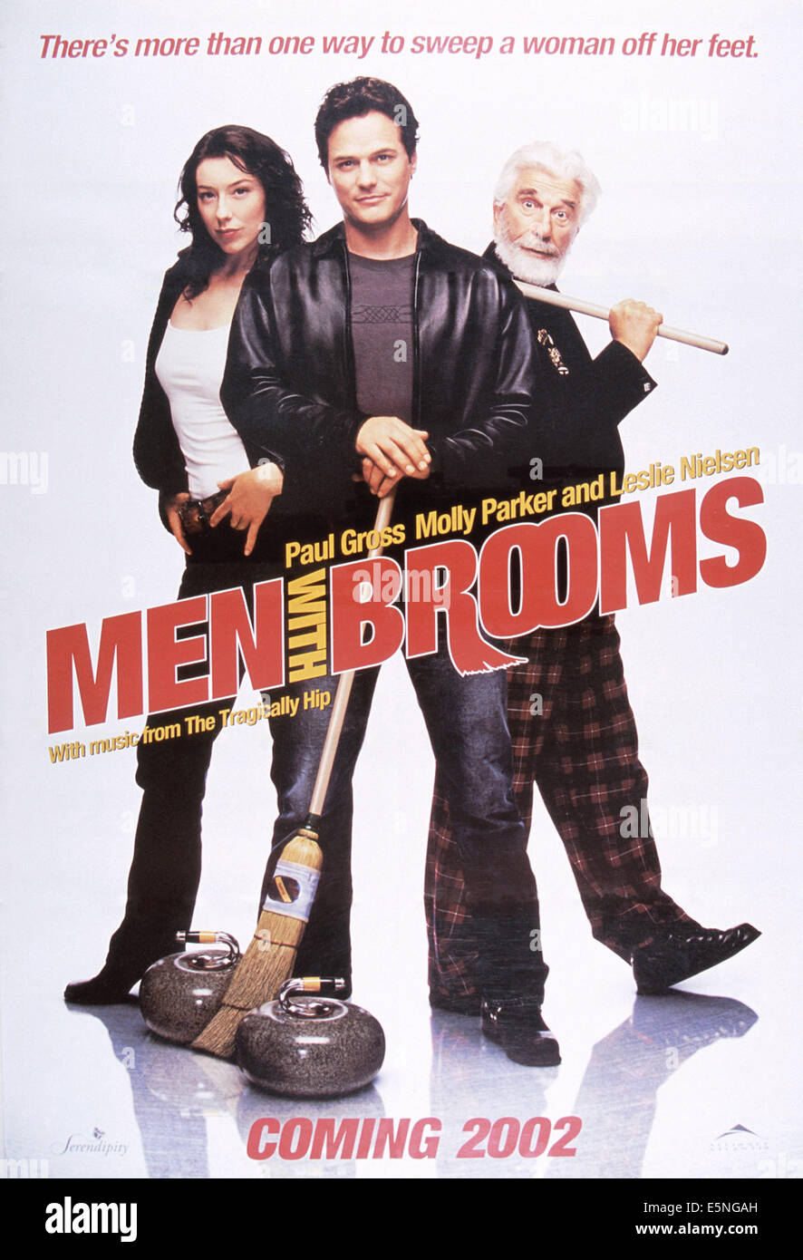 MEN WITH BROOMS, US poster, from left: Molly Parker, Paul Gross, Leslie Nielsen, 2002. ©Serendipity Point Films/courtesy Stock Photo