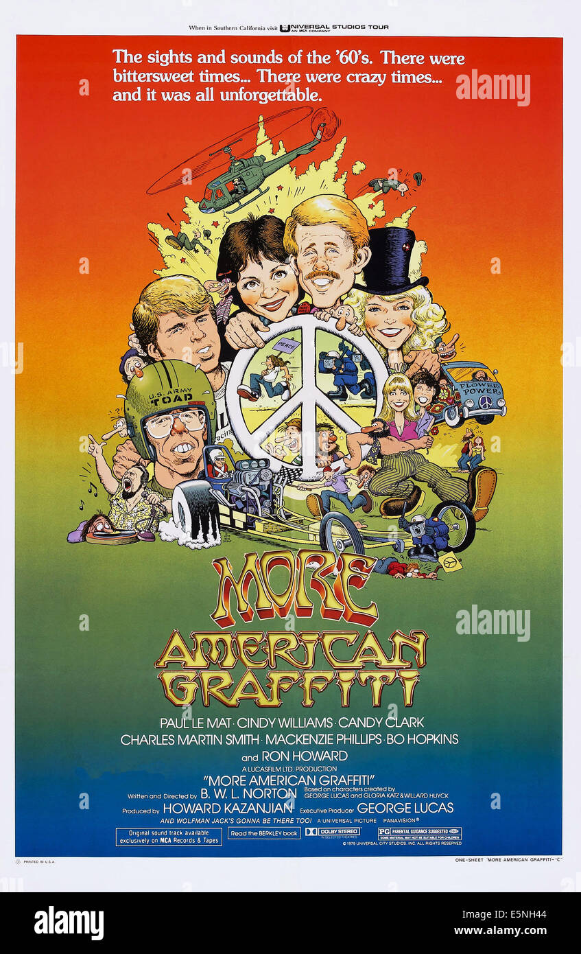 MORE AMERICAN GRAFFITI, US poster art, clockwise from left: Charles Martin Smith (hemet), Paul Le Mat, Cindy Williams, Ron Stock Photo