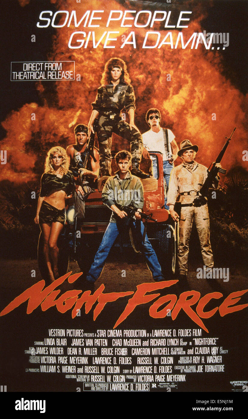 NIGHTFORCE, US poster, Linda Blair (top), center from left: Chad McQueen, James Wilder, bottom from left: Claudia Udy, James Stock Photo