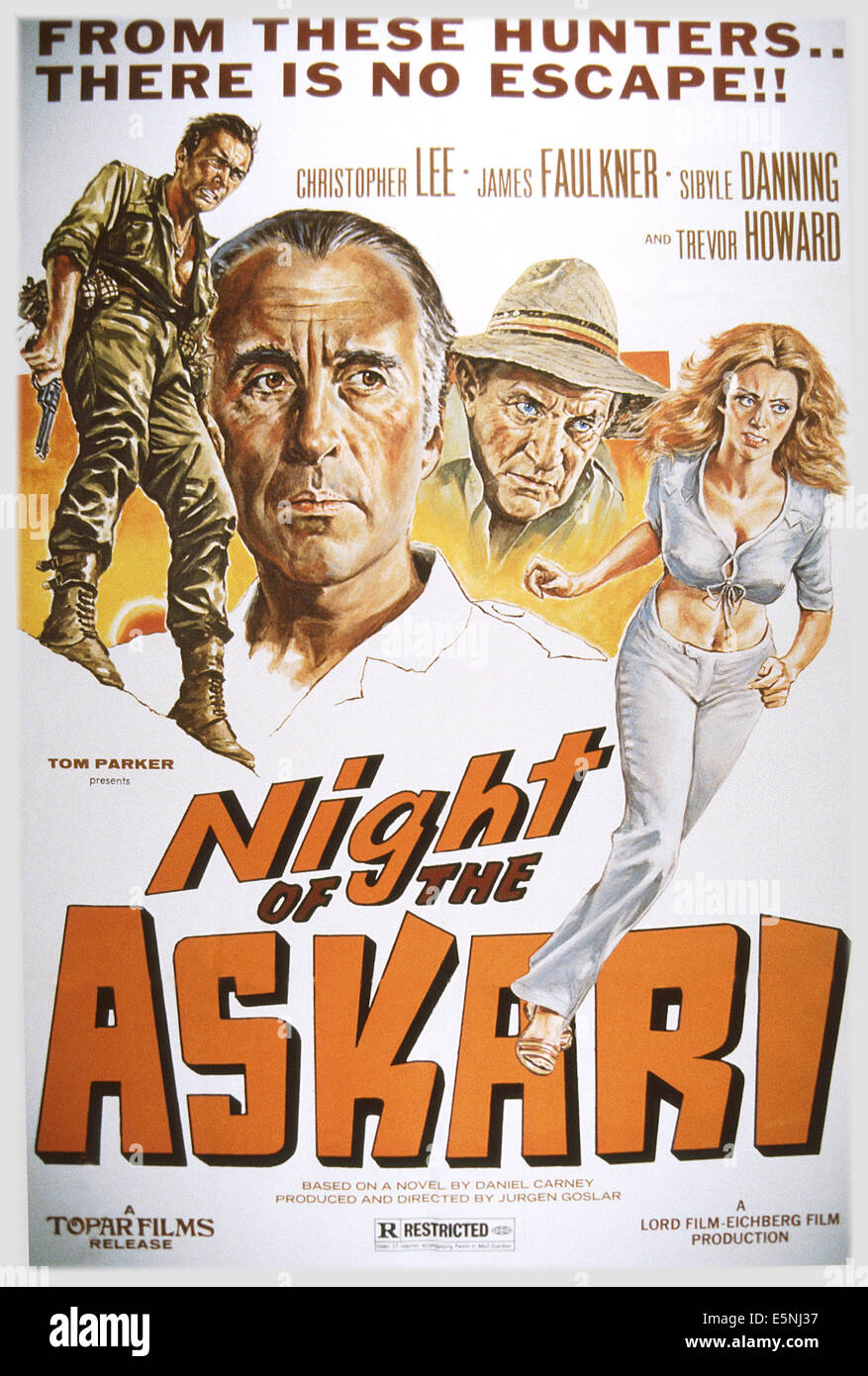 THE NIGHT OF THE ASKARI, (aka ALBINO), US poster, from left: James Faulkner, Christopher Lee, Trevor Howard, Sybil Danning, 1976 Stock Photo