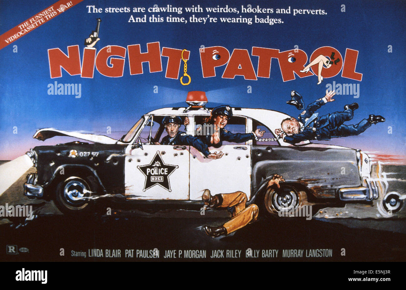 NIGHT PATROL, US poster, from left: Pat Paulsen, Linda Blair, Billy Barty, 1984, © New World/courtesy Everett Collection Stock Photo