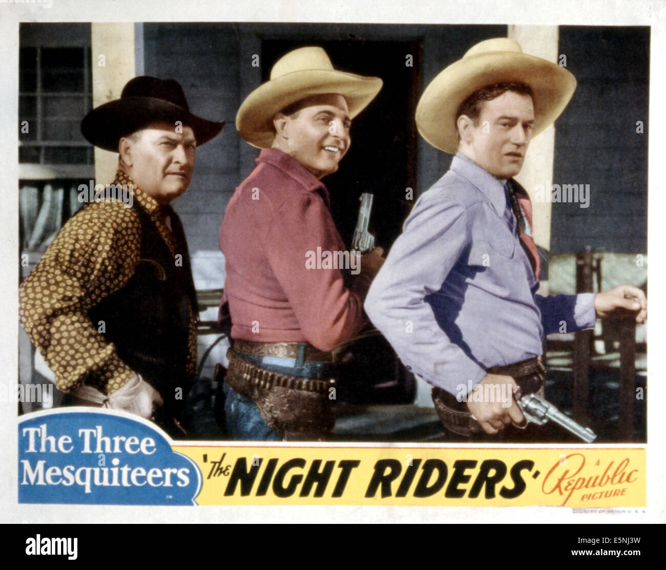 THE NIGHT RIDERS, Max Terhune, Ray Corrigan, John Wayne, lobby card poster art, 1939. Stock Photo