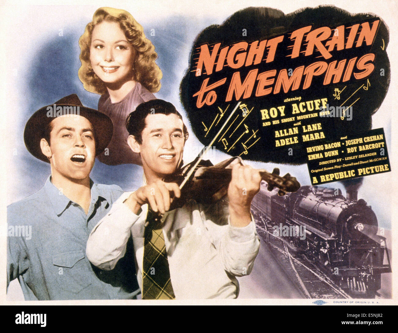 NIGHT TRAIN TO MEMPHIS, US poster, from left: Allan Lane, Adele Mara (rear), Roy Acuff, 1946 Stock Photo