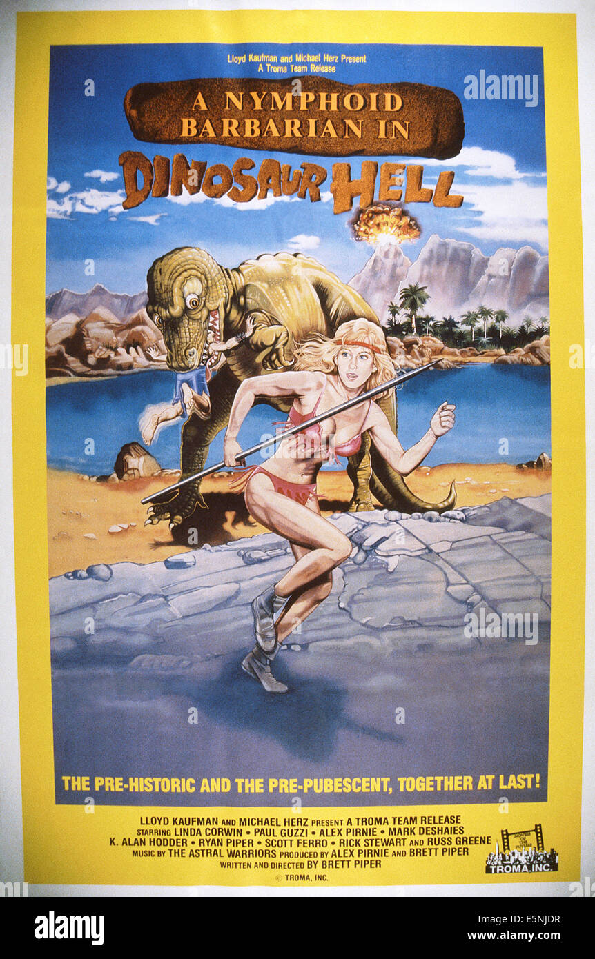 A NYMPHOID BARBARIAN IN DINOSAUR HELL, US poster, Linda Corwin, 1990, © Troma/courtesy Everett Collection Stock Photo
