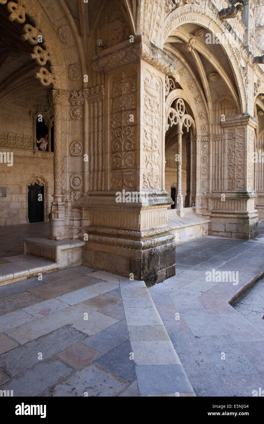 Cloister of the Jeronimos Monastery with Manueline tracery in Lisbon, Portugal. Stock Photo