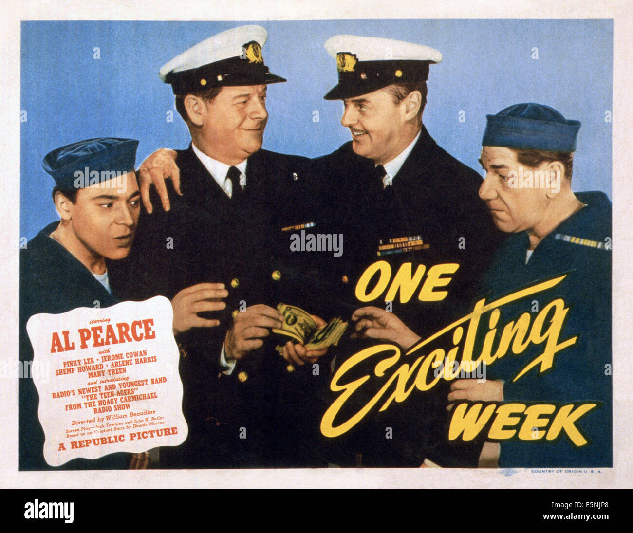 ONE EXCITING WEEK, US lobbycard, from left: Pinky Lee, Al Pearce, Jerome Cowan, Shemp Howard, 1946 Stock Photo