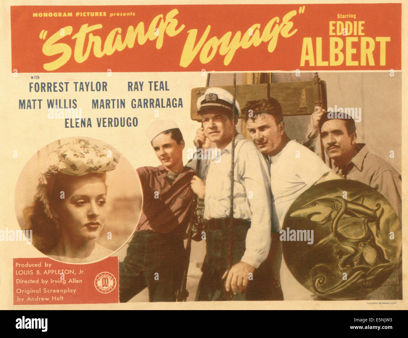 STRANGE VOYAGE, US poster, from left:Elena Verdugo, Bobby Cooper, Ray Teal, Eddie Albert, Martin Garralaga, 1946 Stock Photo