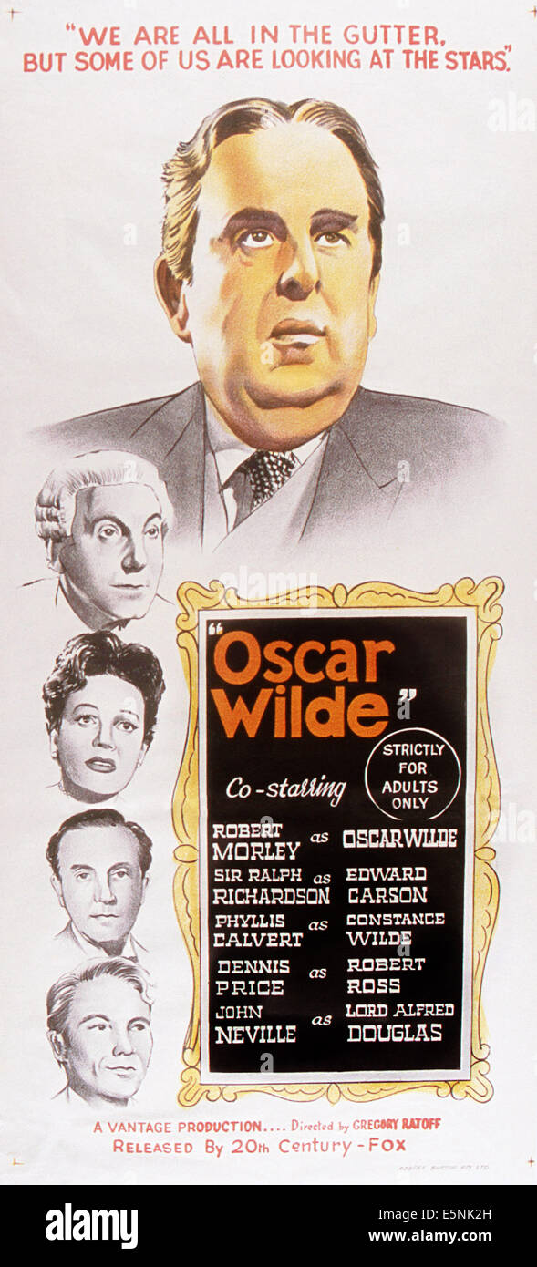 OSCAR WILDE, British poster art, from top: Robert Morley, Ralph Richardson, Phyllis Calvert, Dennis Price, John Neville, 1960. Stock Photo