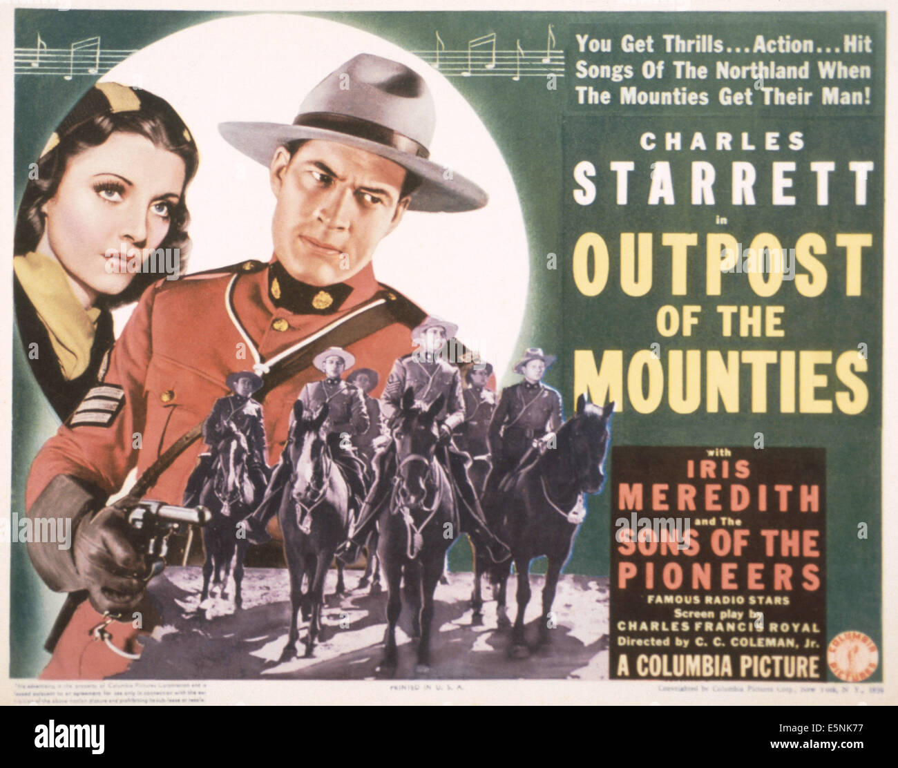 OUTPOST OF THE MOUNTIES, US poster, from left: Iris Meredith, Charles Starrett, 1939 Stock Photo