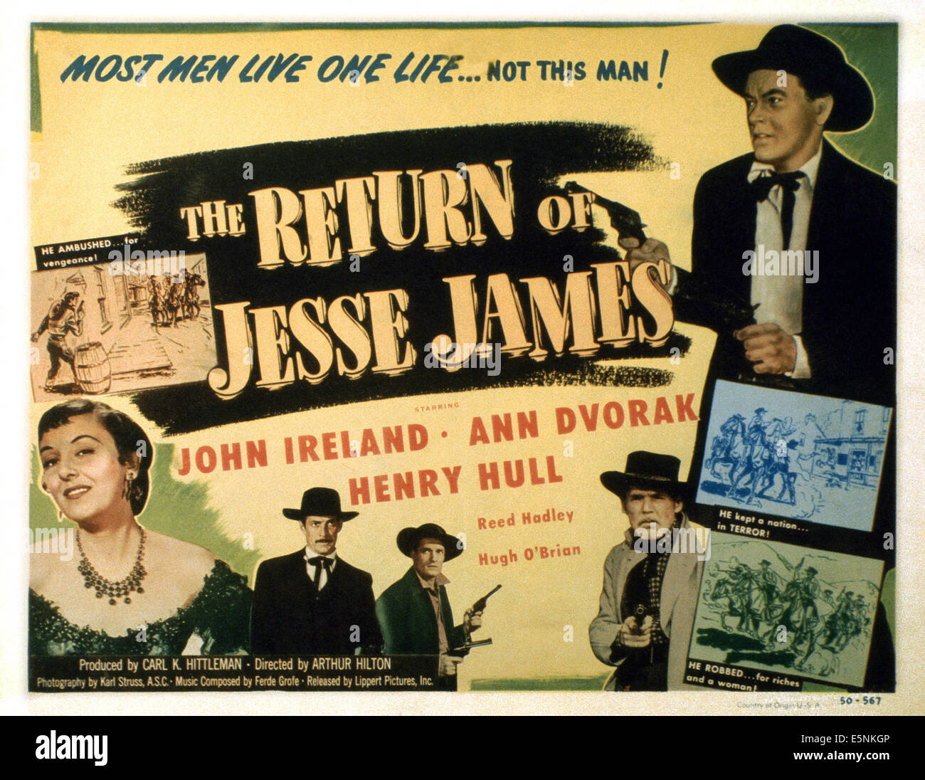 THE RETURN OF JESSE JAMES, US lobbycard, John Ireland (top right), Henry Hull (bottom right), Ann Dvorak (bottom left), 1950 Stock Photo