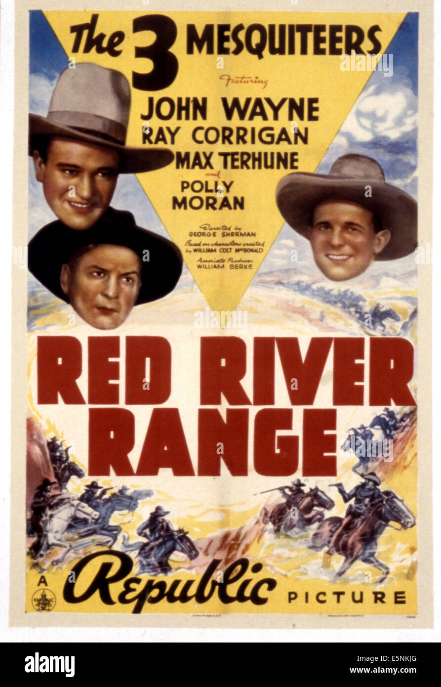 RED RIVER RANGE, John Wayne, Max Terhune, Ray Corrigan, movie poster art, 1938. Stock Photo