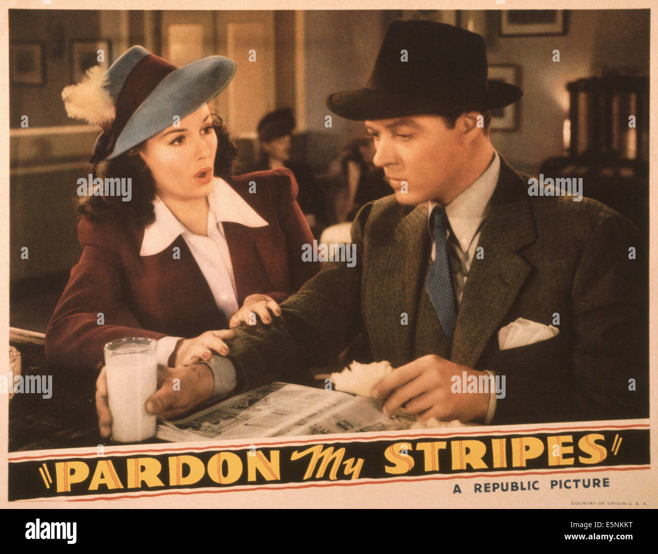 PARDON MY STRIPES, US lobbycard, from left: Sheila Ryan, William Henry, 1942 Stock Photo