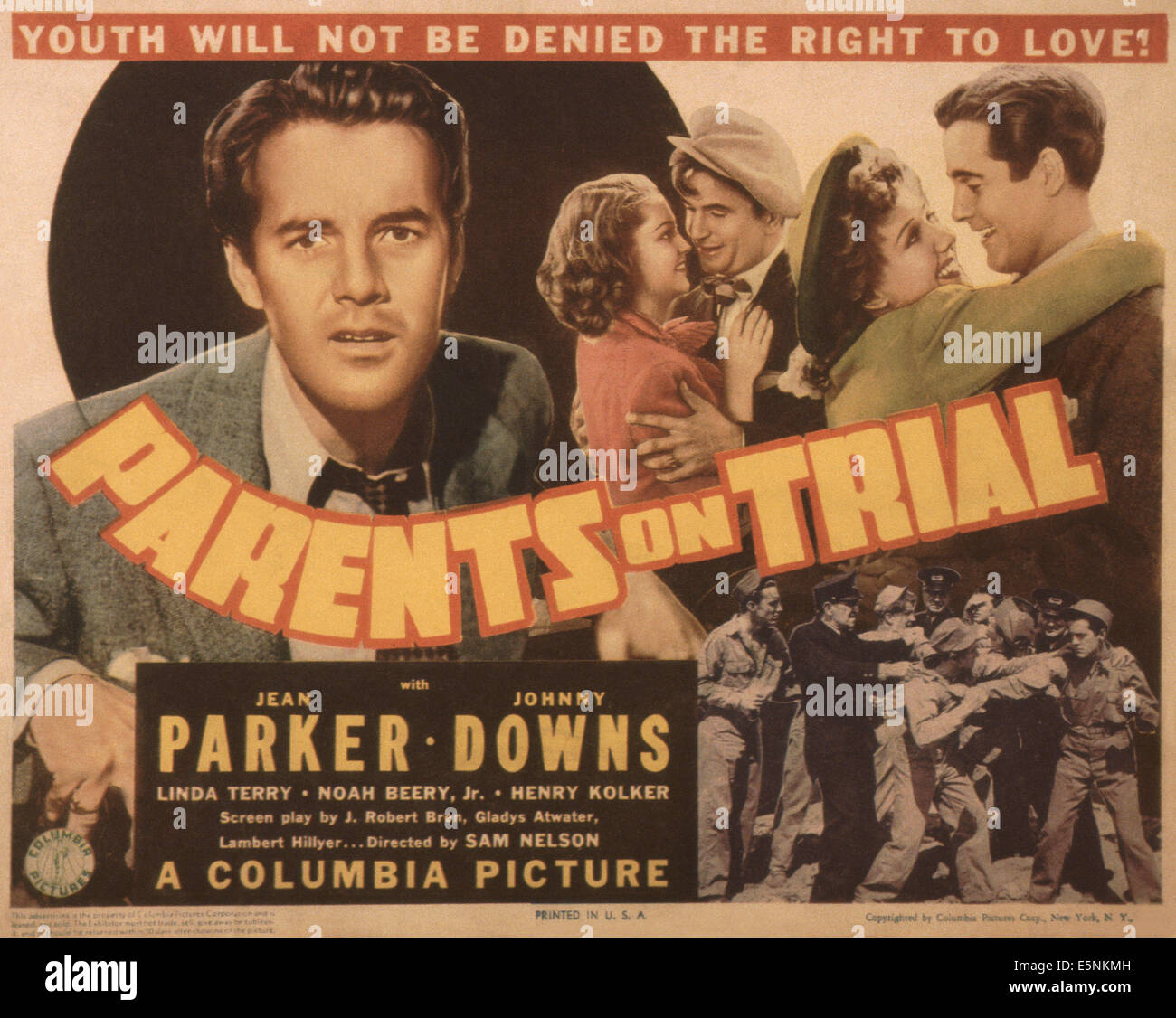 PARENTS ON TRIAL, US poster, from left: Johnny Downs, Linda Perry, Noah Beery Jr., Jean Parker, Johnny Downs, 1939 Stock Photo