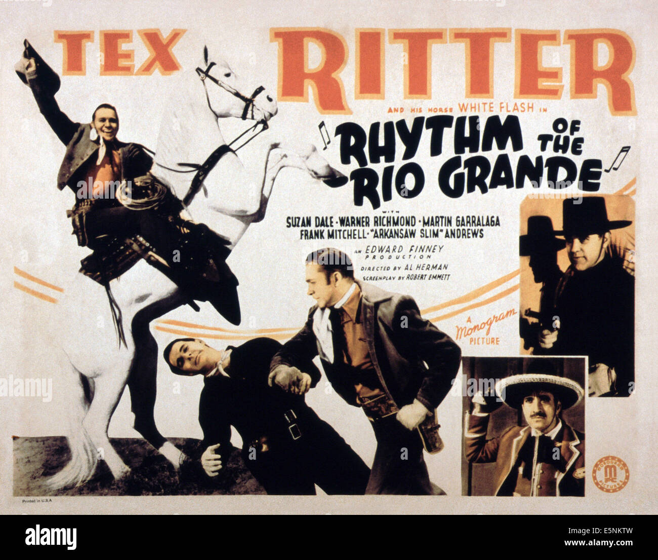 RHYTHM OF THE RIO GRANDE, US lobbycard, Tex Ritter (left) on his horse ...