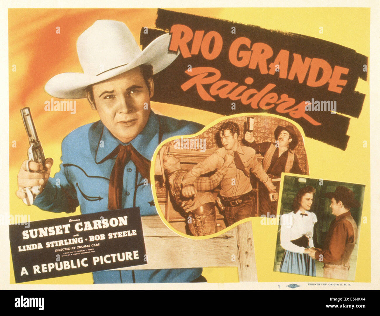 RIO GRANDE RAIDERS, US poster, Sunset Carson (left), bottom from left: Linda Stirling, Bob Steele, 1946 Stock Photo