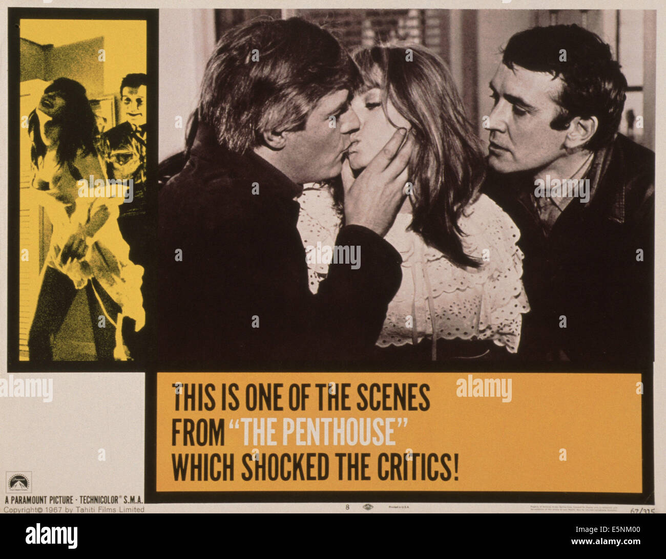 THE PENTHOUSE, US lobbycard, center from left: Norman Rodway, Suzy Kendall, Tony Beckley, 1967 Stock Photo
