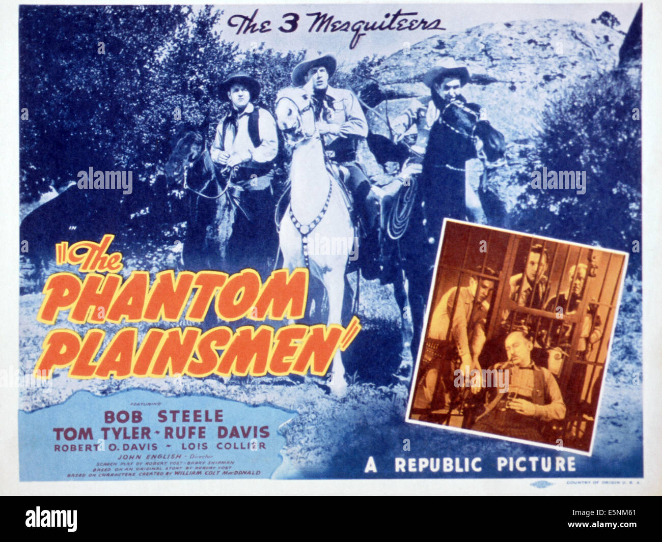 THE PHANTOM PLAINSMAN, US poster, horseback from left: Rufe David, Tom Tyler, Bob Steele, in cell from left: Bob Steele, Tom Stock Photo