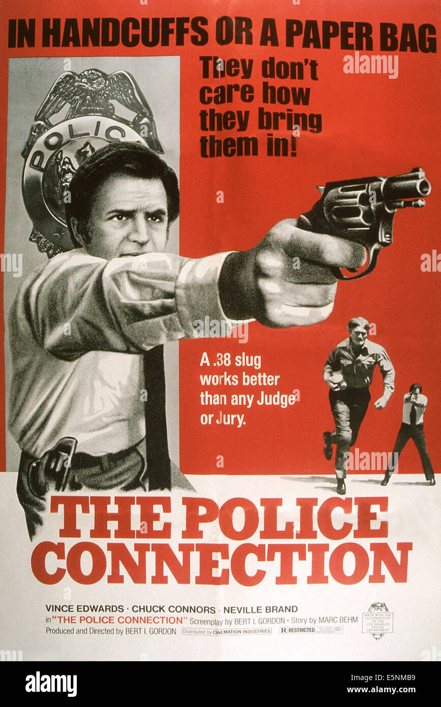 THE POLICE CONNECTION, (aka THE MAD BOMBER), US poster, Vince Edwards (gun), Chuck Connors (running), 1973 Stock Photo