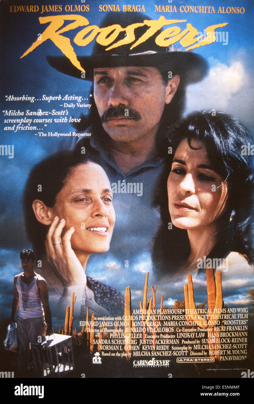 ROOSTERS, US poster, from left: Sonia Braga, Edward James Olmos, Maria Conchita Alonso, 1993, © IRS Media/courtesy Everett Stock Photo