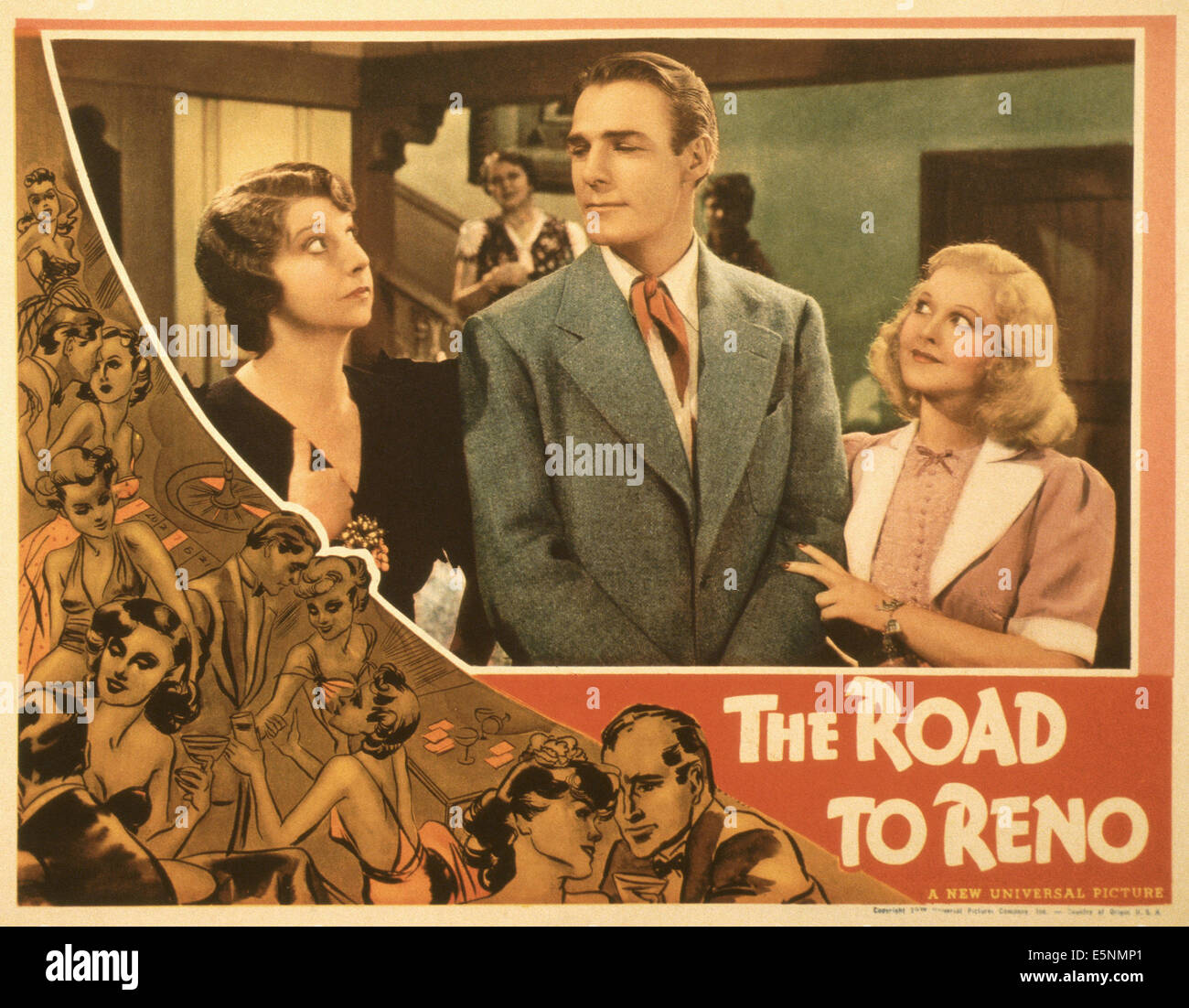 THE ROAD TO RENO, US lobbycard, from left: Helen Broderick, Randolph Scott, Hope Hampton, 1938 Stock Photo