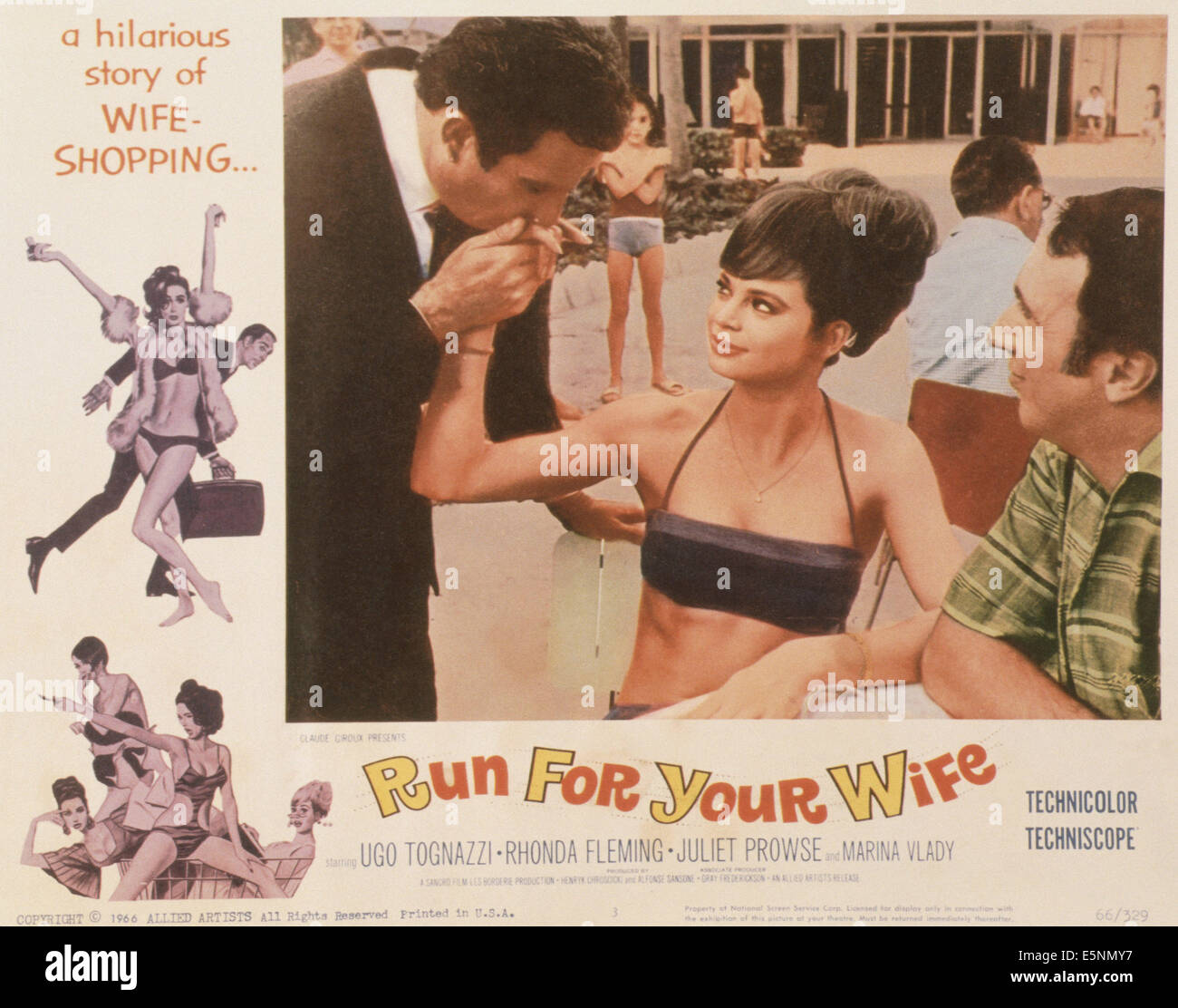 RUN FOR YOUR WIFE, (aka UNA MOGLIE AMERICANA), US lobbycard, from left: Ugo Tognazzi, Juliet Prowse, 1965 Stock Photo