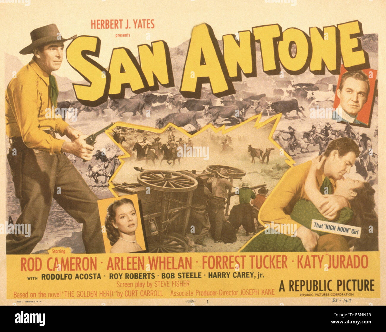 SAN ANTONE, US poster, from left: Rod Cameron, Arleen Whelan, Rod Cameron, Katy Jurado, Forrest Tucker (top), 1953 Stock Photo