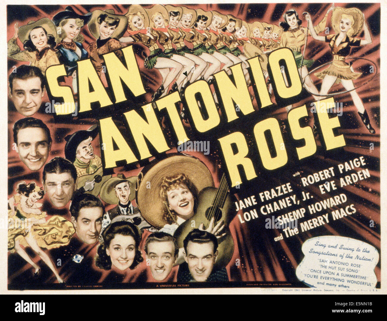 SAN ANTONIO ROSE, US poster, heads from top: Lon Chaney Jr., Robert Paige, Shemp Howard, The Merry Macs, Jane Frazee (guitar), Stock Photo