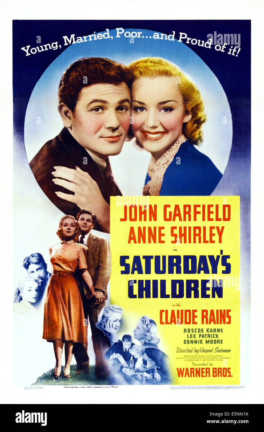 SATURDAY'S CHILDREN, US poster art, from left: John Garfield, Anne Shirley, 1940 Stock Photo