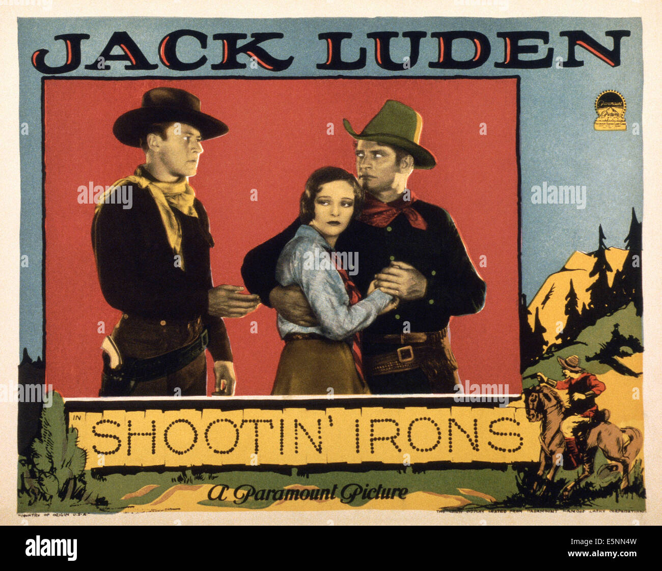 SHOOTIN' IRONS, US lobbycard, Jack Luden (left), Sally Blane (center), 1927 Stock Photo