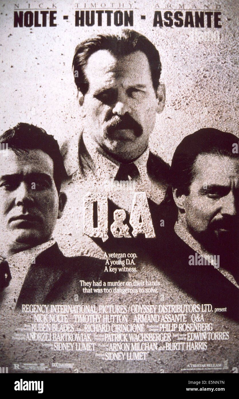 Q & A, US poster, from left: Timothy Hutton, Nick Nolte, Armand Assante, 1990, © TriStar/courtesy Everett Collection Stock Photo