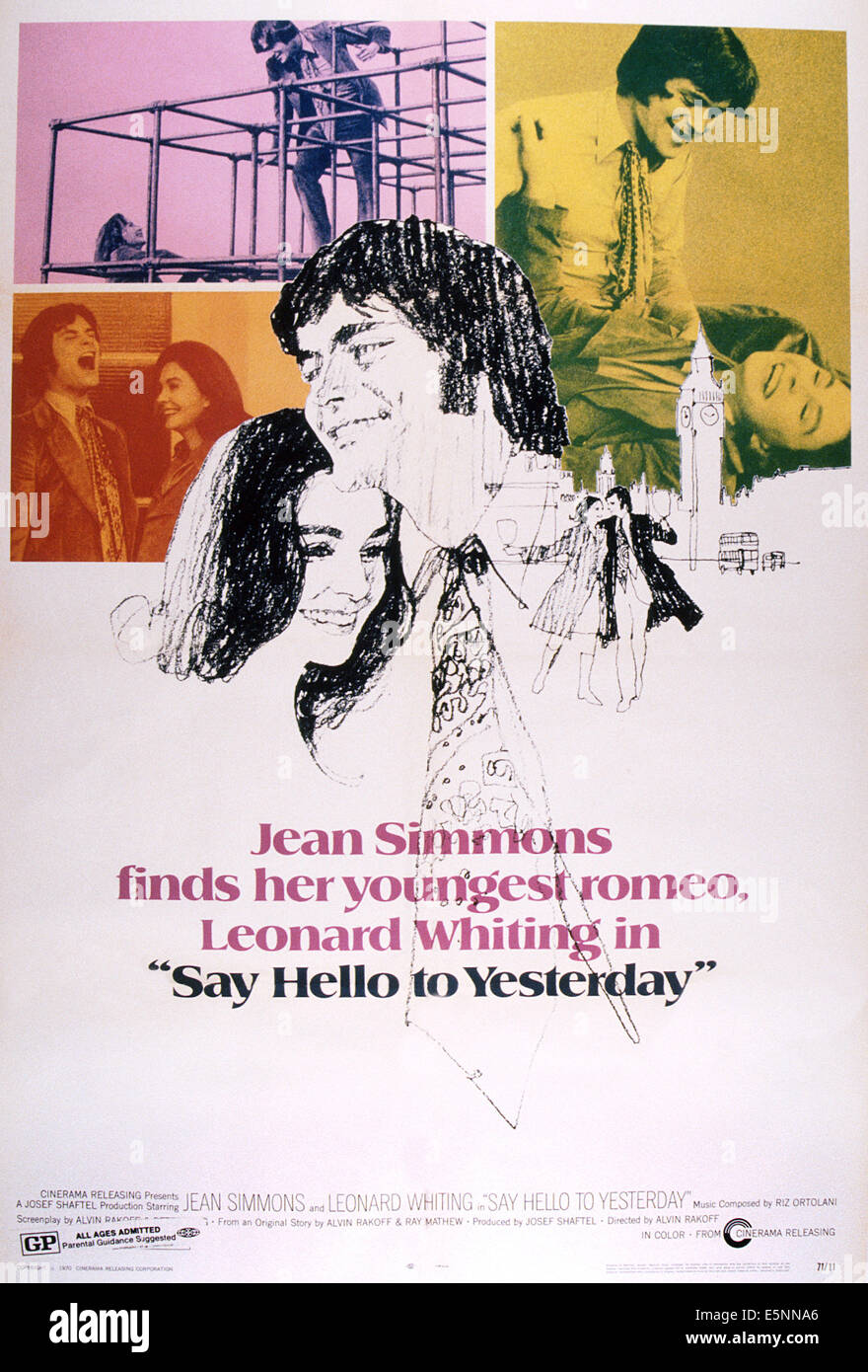 SAY HELLO TO YESTERDAY, US poster art, from left: Leonard Whiting, Jean Simmons, 1971 Stock Photo