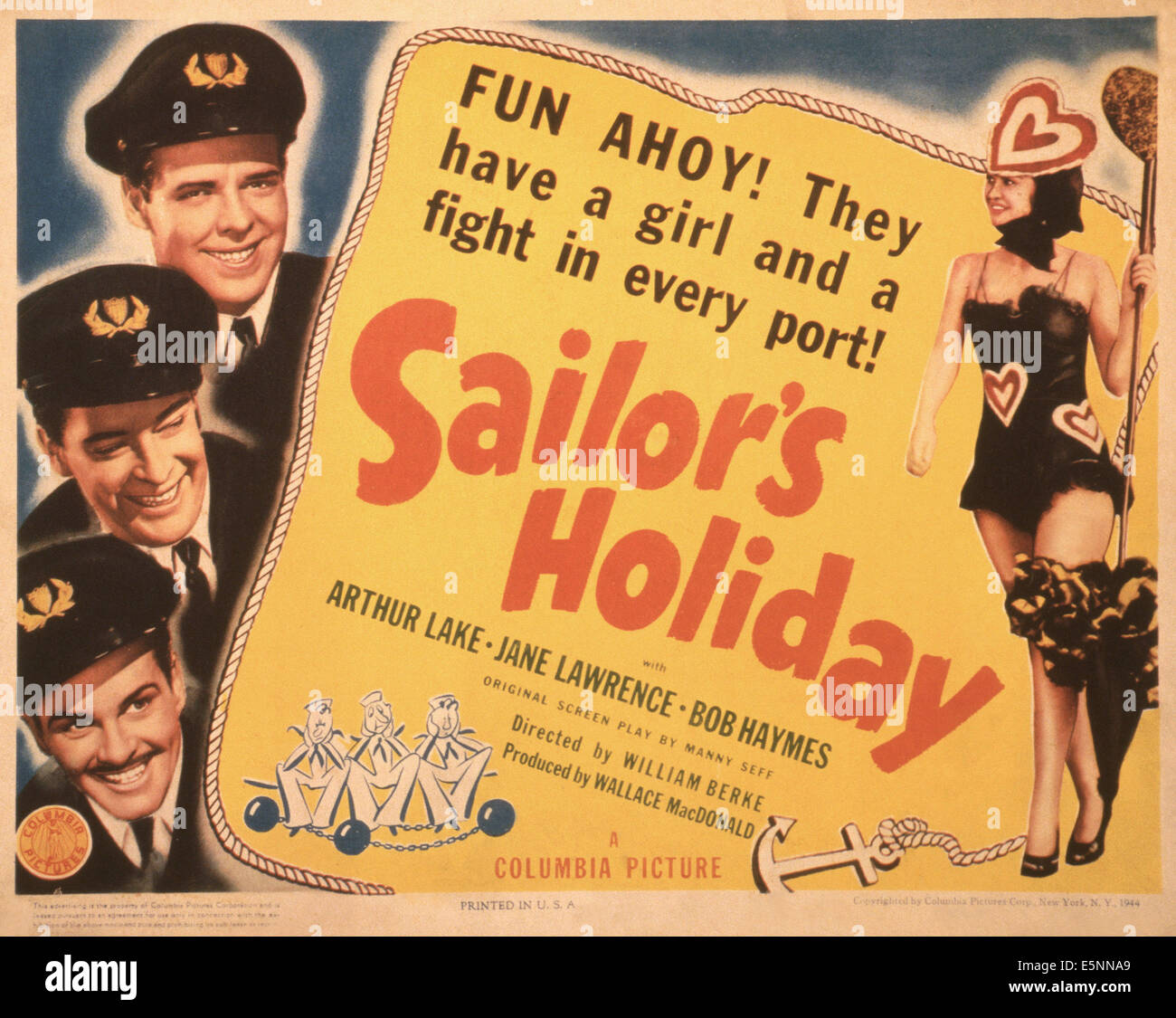 SAILOR'S HOLIDAY, US poster, left from top: Arthur Lake, Bob Haymes, Edmund MacDonald, Jane Lawrence (right), 1944 Stock Photo