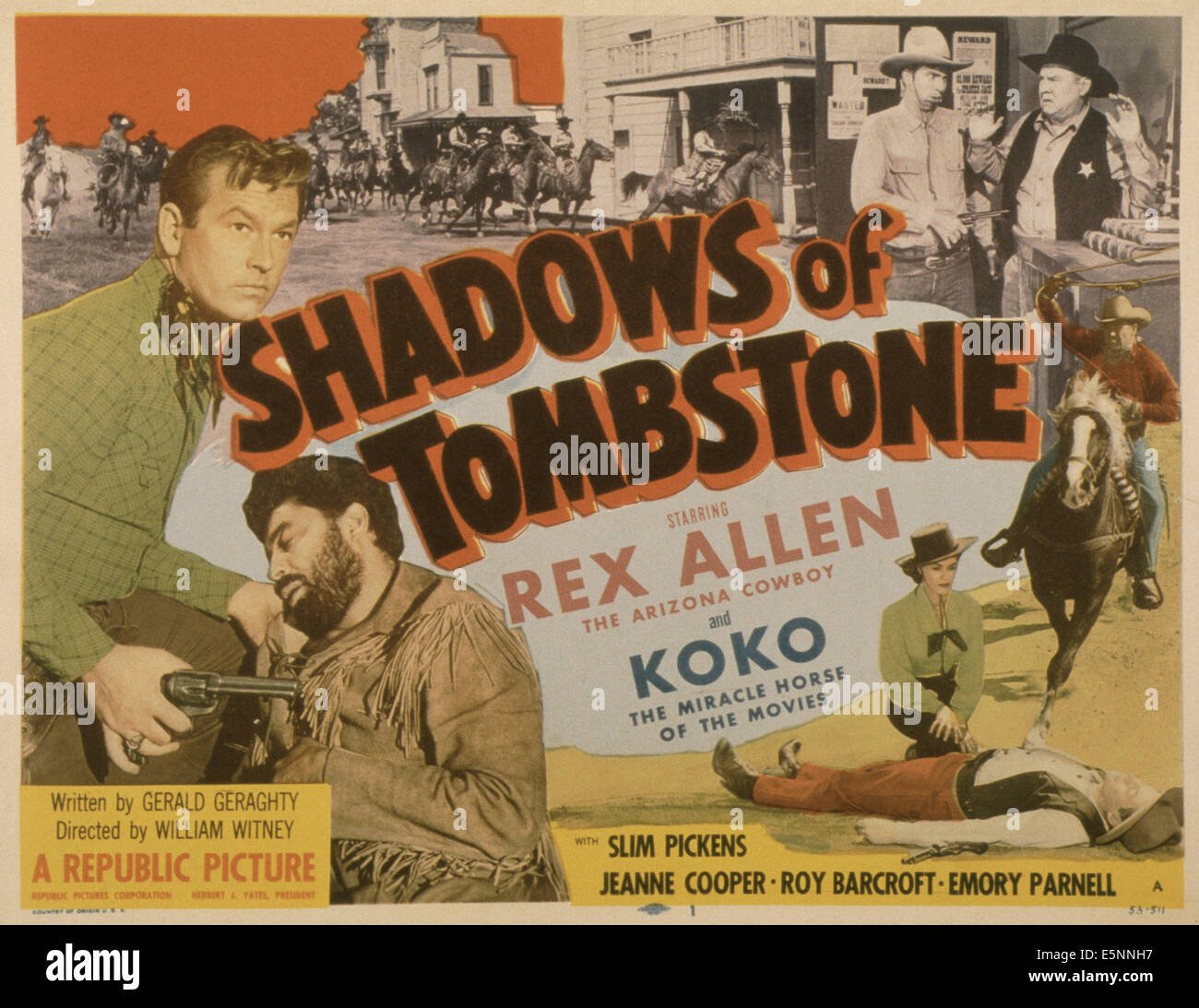 SHADOWS OF TOMBSTONE, US poster, from left: Rex Allen, Julian Rivero, Jeanne Cooper (kneeling), top right from left: Slim Stock Photo