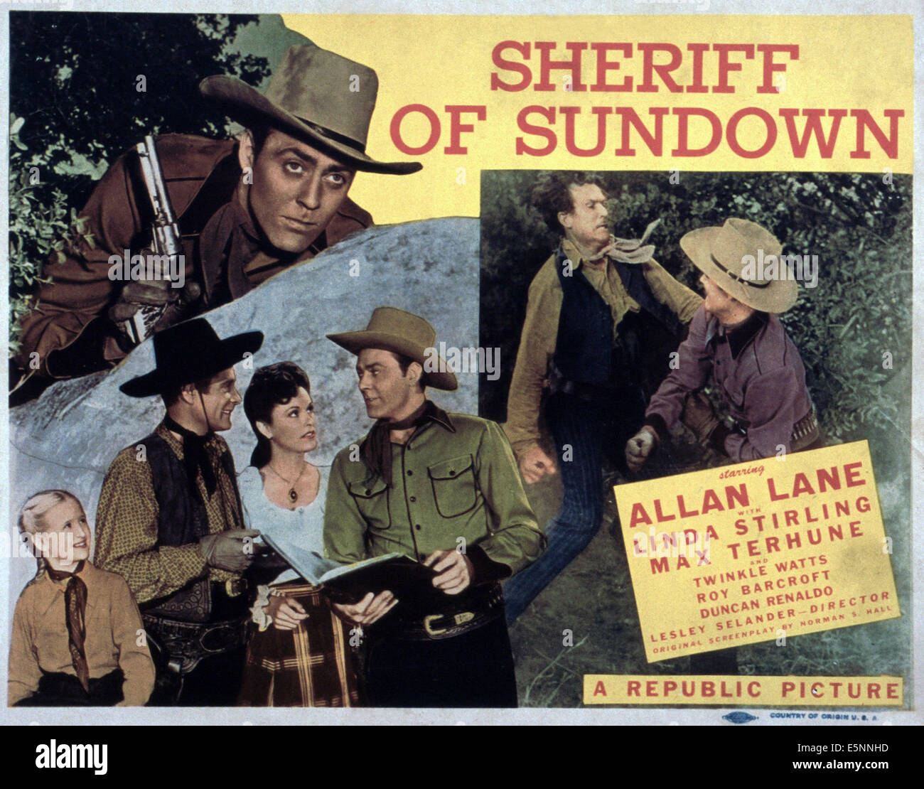 SHERIFF OF SUNDOWN, US poster, Allan Lane (top), bottom from left: Twinkle Watts, Duncan Renaldo, Linda Sterling, Allan Lane, Stock Photo