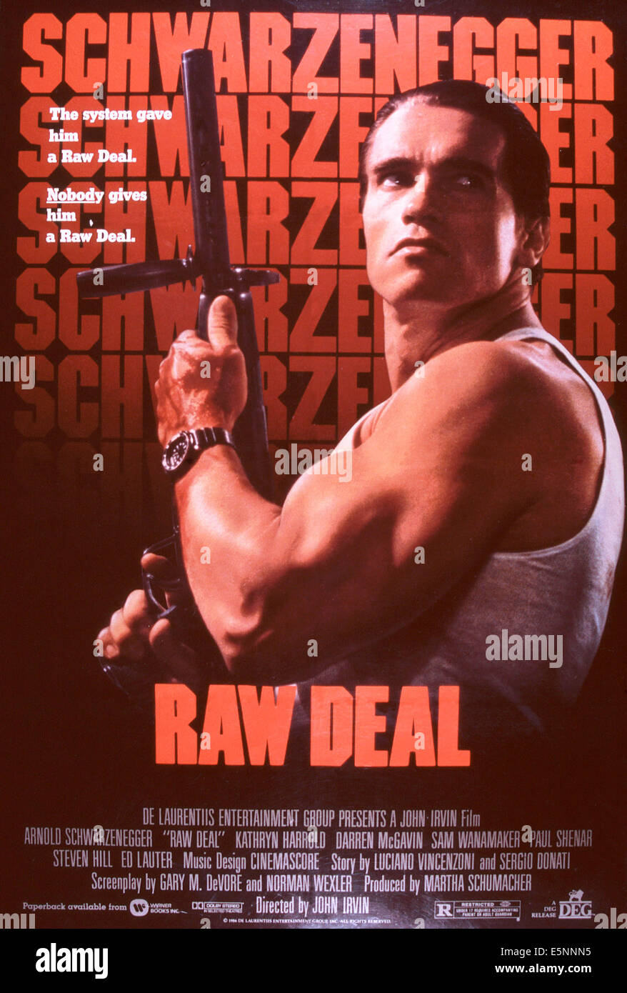 RAW DEAL, US poster, Arnold Schwarzenegger, 1986, © De Laurentiis entertainment Group/courtesy Everett Collection Stock Photo