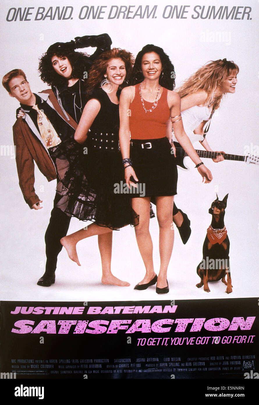 SATISFACTION, US poster art, from left: Scott Coffey, Trini Alvarado,  Julia Roberts, Justine Bateman, Britta Phillips, 1988. Stock Photo