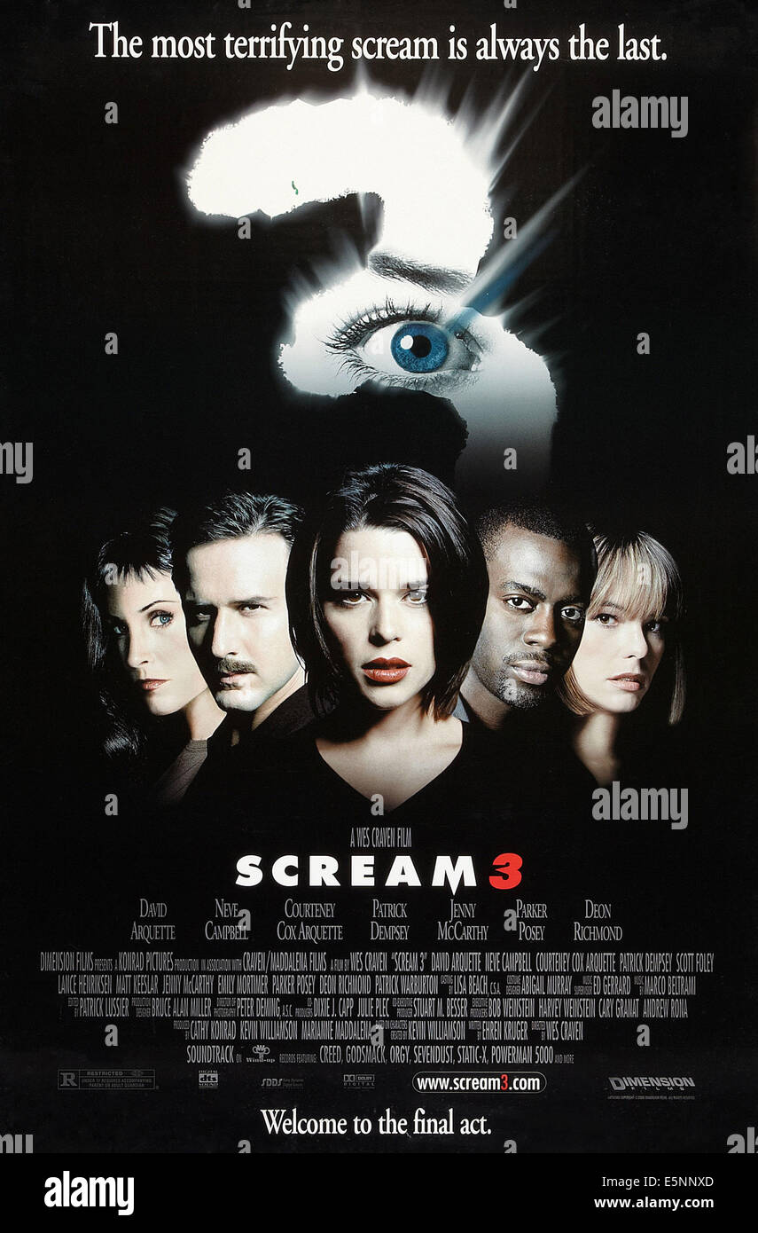 SCREAM 3, US poster art, from left: Courteney Cox, David Arquette, Neve Campbell, Deon Richmond, Parker Posey, 2000. © Miramax Stock Photo