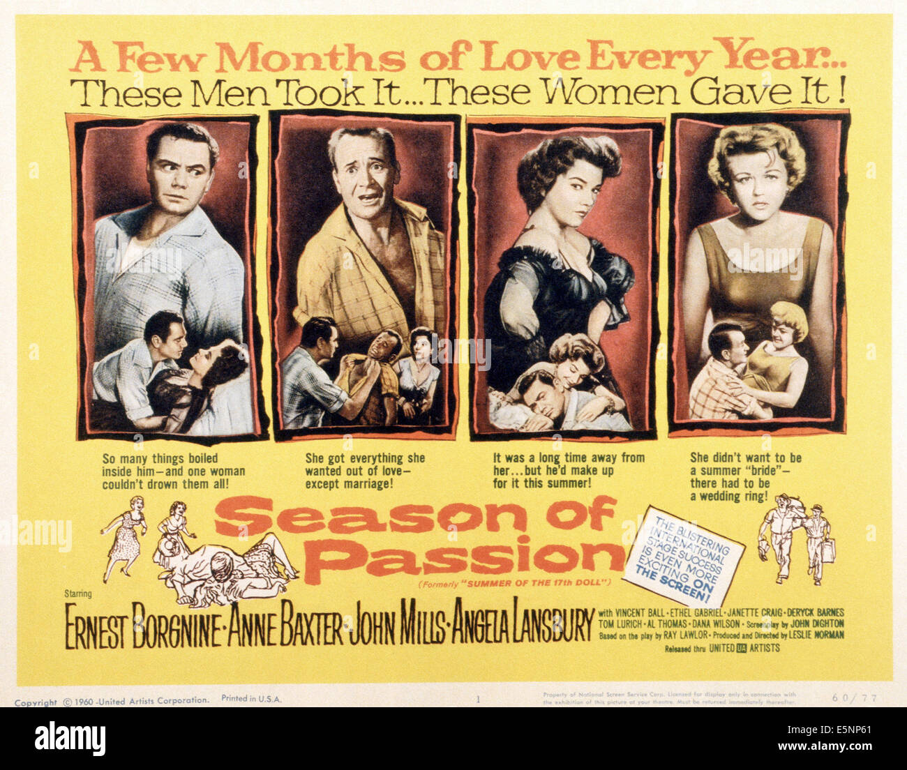 SEASON OF PASSION, (aka SUMMER OF THE SEVENTEENTH DOLL), US poster, from left: Ernest Borgnine, John Mills, Anne Baxter, Angela Stock Photo