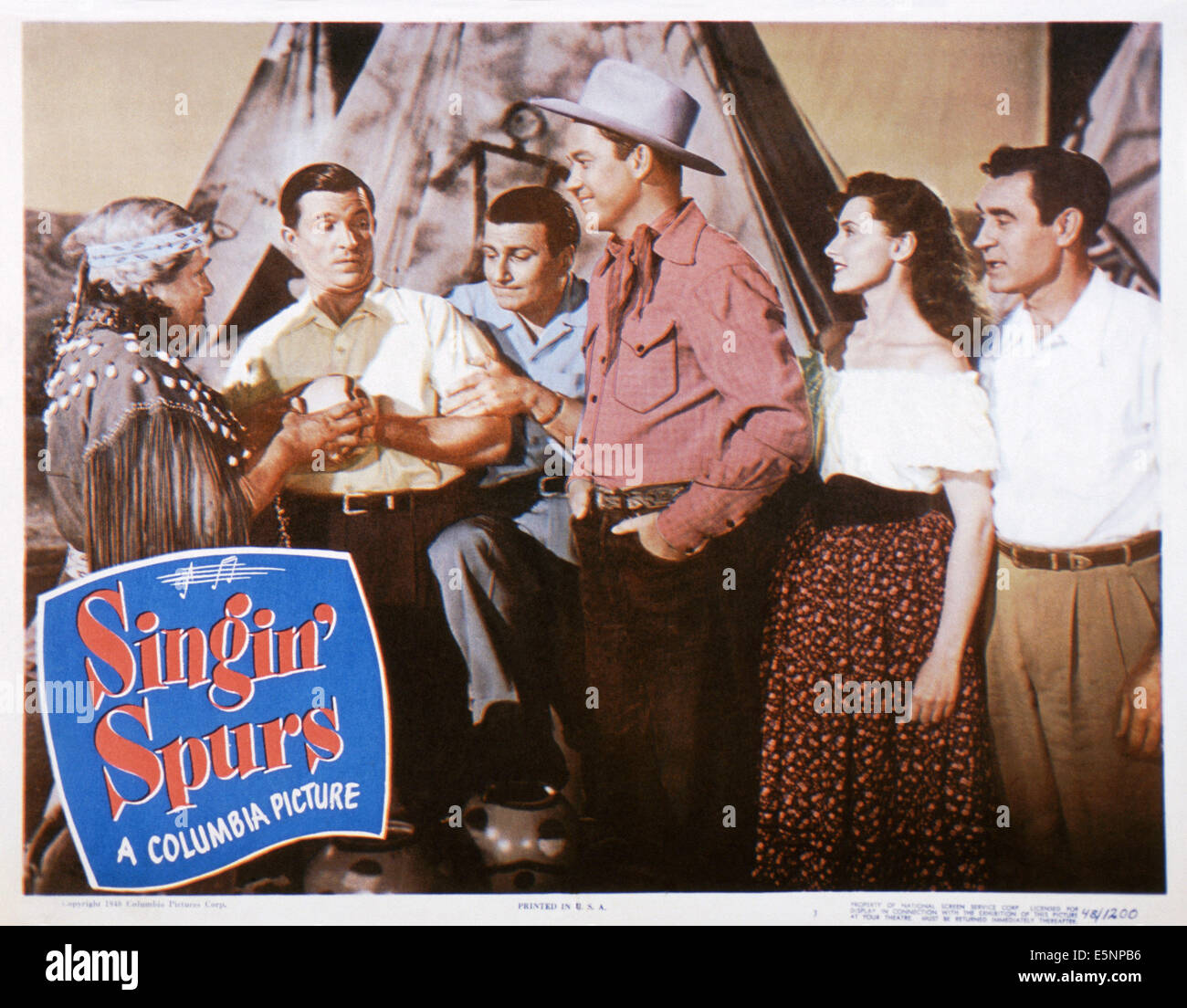 SINGIN' SPURS, US lobbycard, Kirby Grant (center), Patricia Barry (second right), 1948 Stock Photo