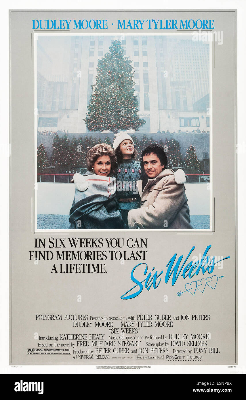 SIX WEEKS, US poster art, from left: Mary Tyler Moore, Katherine Healy, Dudley Moore, 1982. ©Universal/courtesy Everett Stock Photo