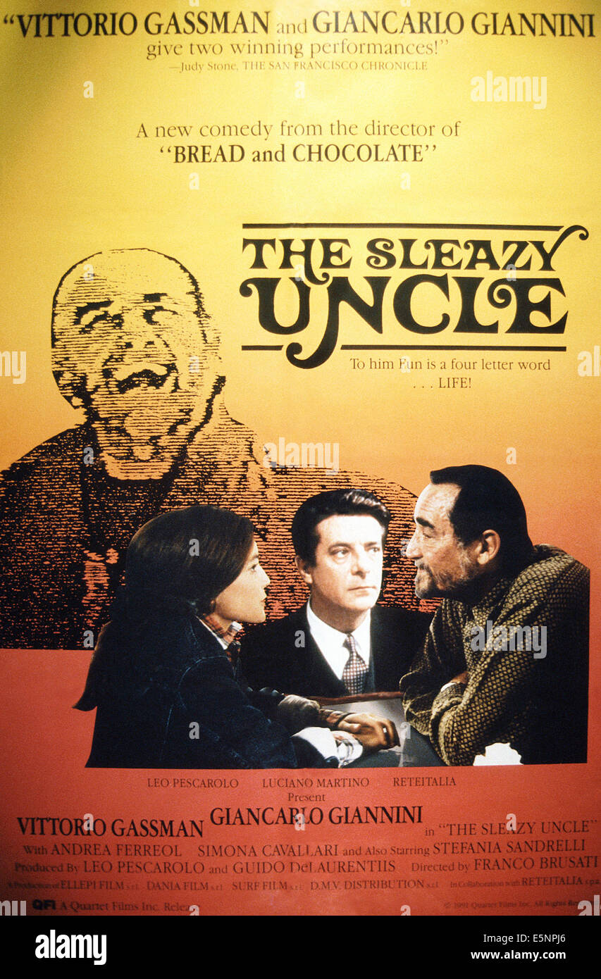 THE SLEAZY UNCLE, (aka LO ZIO INDEGNO), US poster art, Giancarlo Giannini (center), Vittorio Gassman (right), 1989. ©Quartet Stock Photo