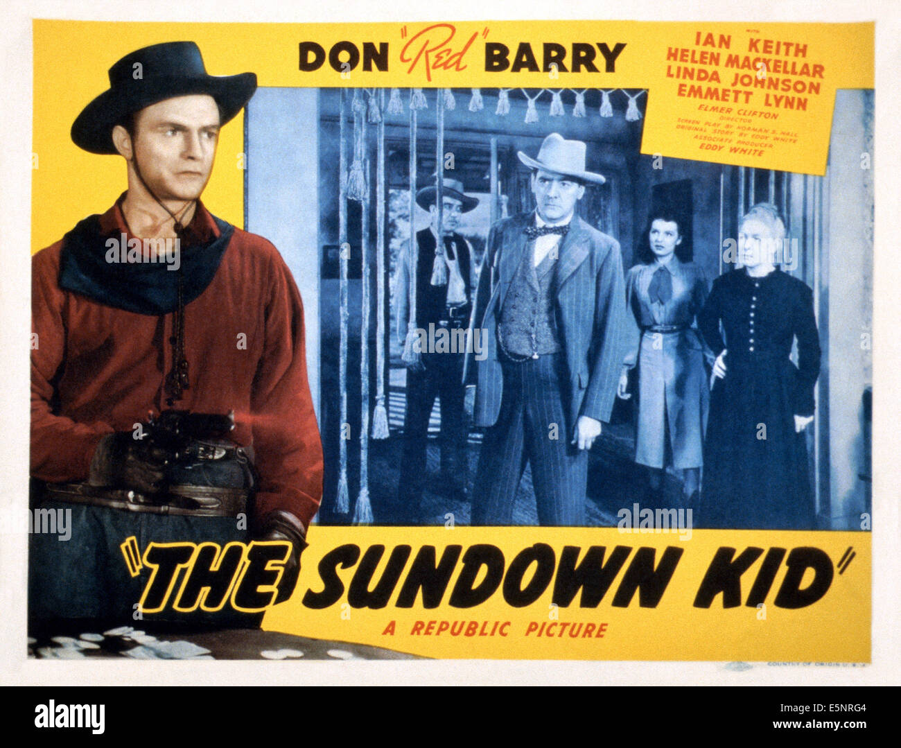 THE SUNDOWN KID, US lobbycard, Don Barry (left), Linda Leighton (second right), 1942 Stock Photo