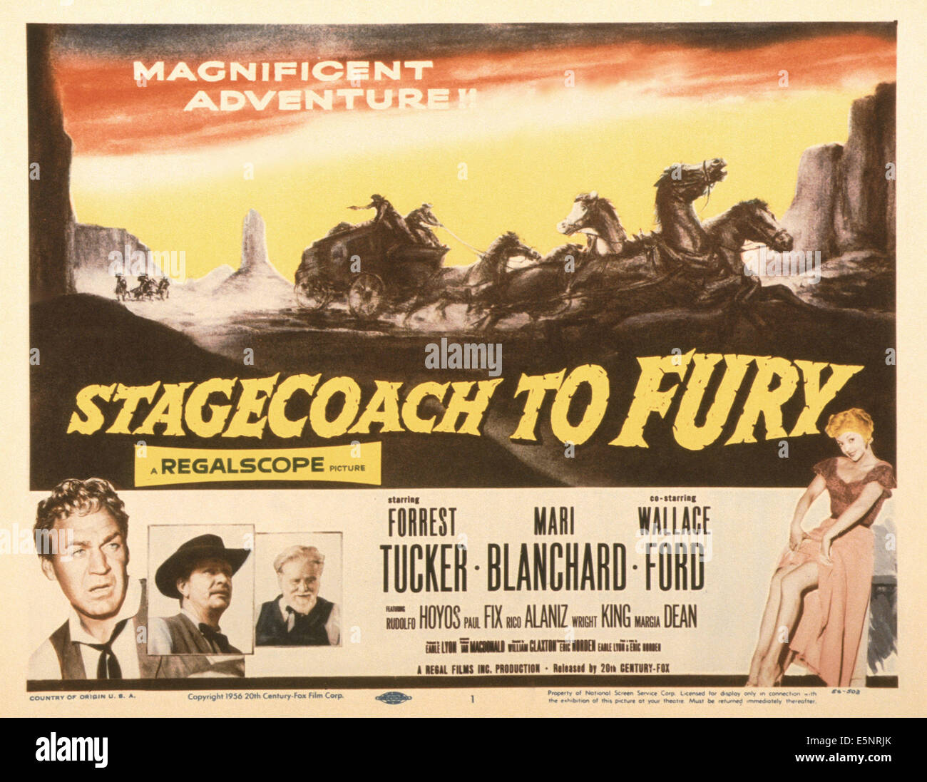STAGECOACH TO FURY, US poster, from left: Forrest Tucker, Ian MacDonald, Wallace Ford, Mari Blanchard, 1956, TM & Copyright © Stock Photo