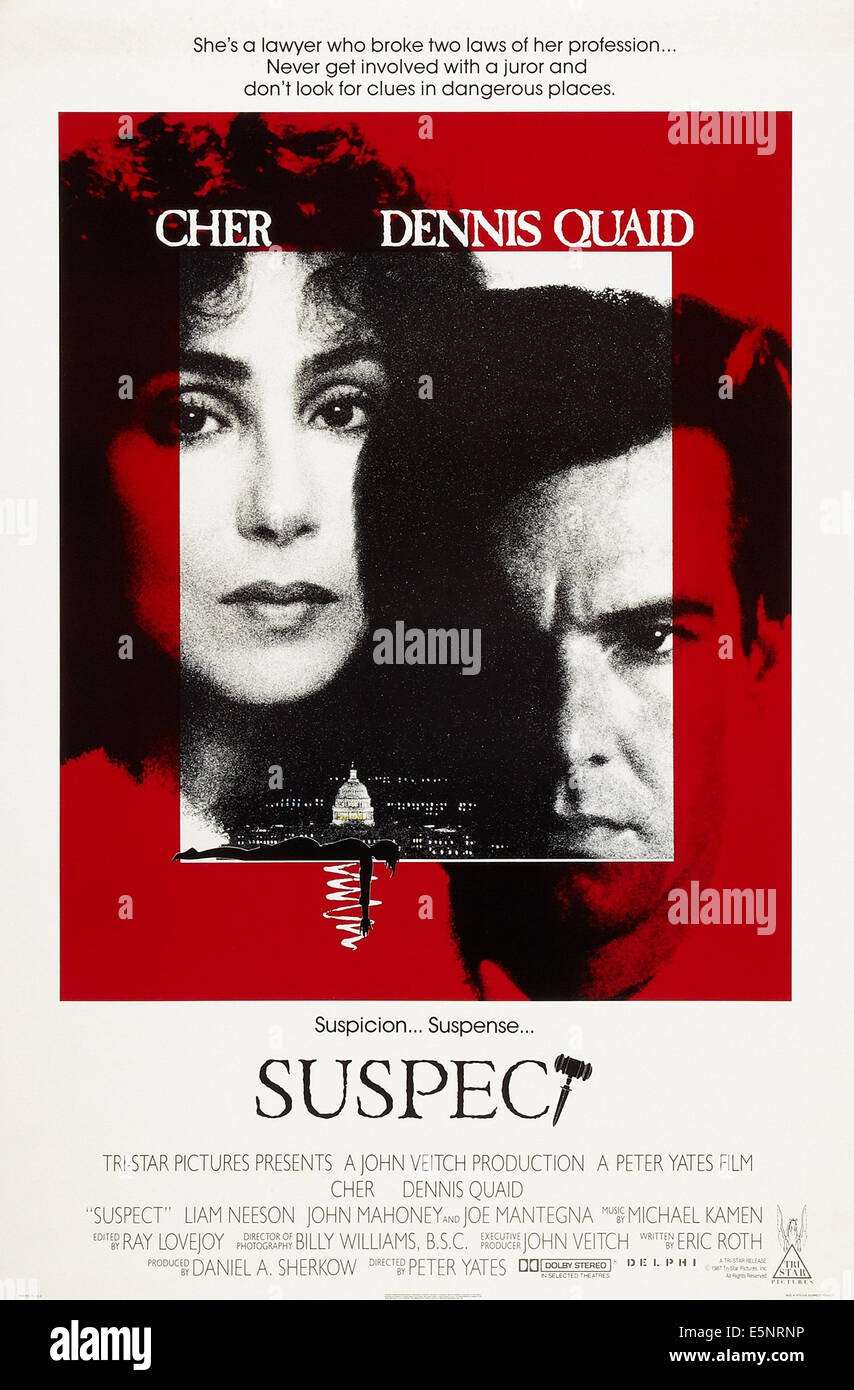 SUSPECT, US poster art, from left: Cher, Dennis Quaid, 1987. © TriStar/courtesy Everett Collection Stock Photo